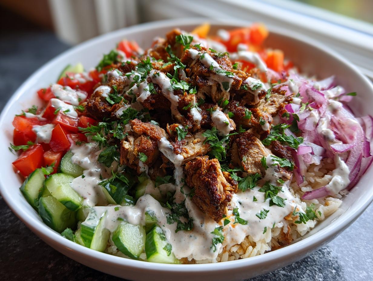 Close-up of a Chicken Shawarma Bowl with chicken, rice, vegetables, and sauce. The primary keyword is Chicken Shawarma Bowls.