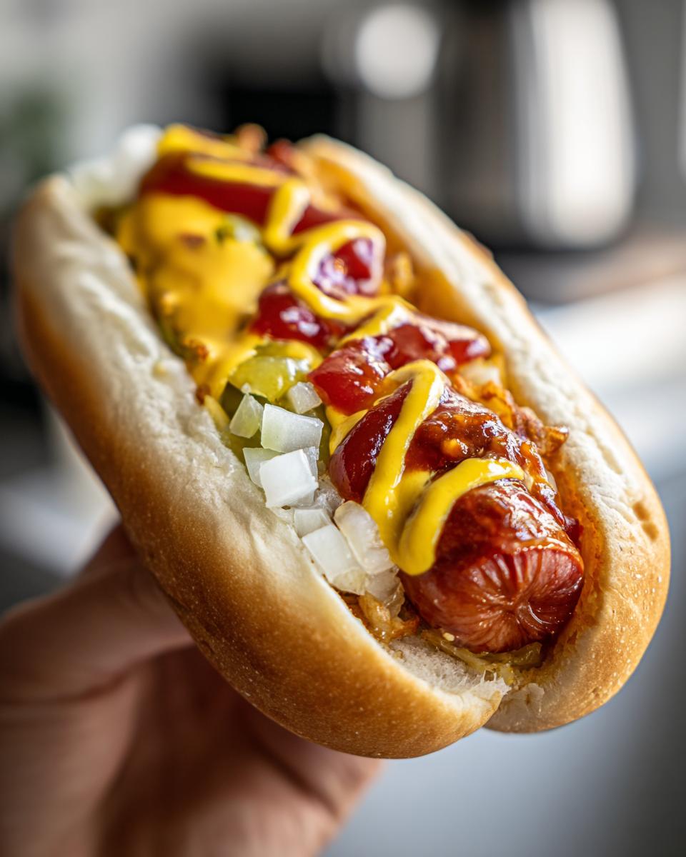 Close-up of a Classic American Hot Dog with ketchup, mustard, relish, and onions.