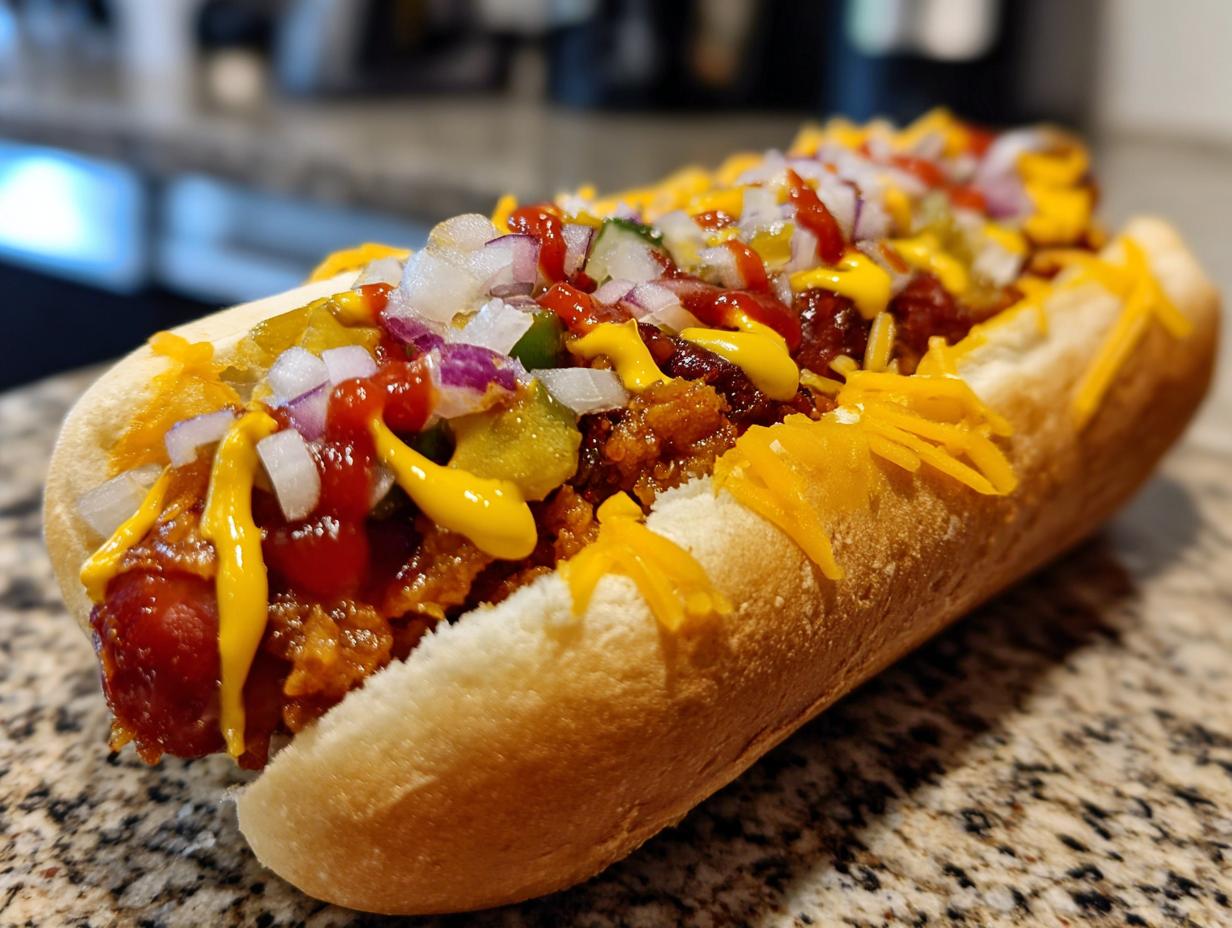 Close-up of a fully loaded Classic American Hot Dog with toppings, including chili, cheese, onions, and pickles.