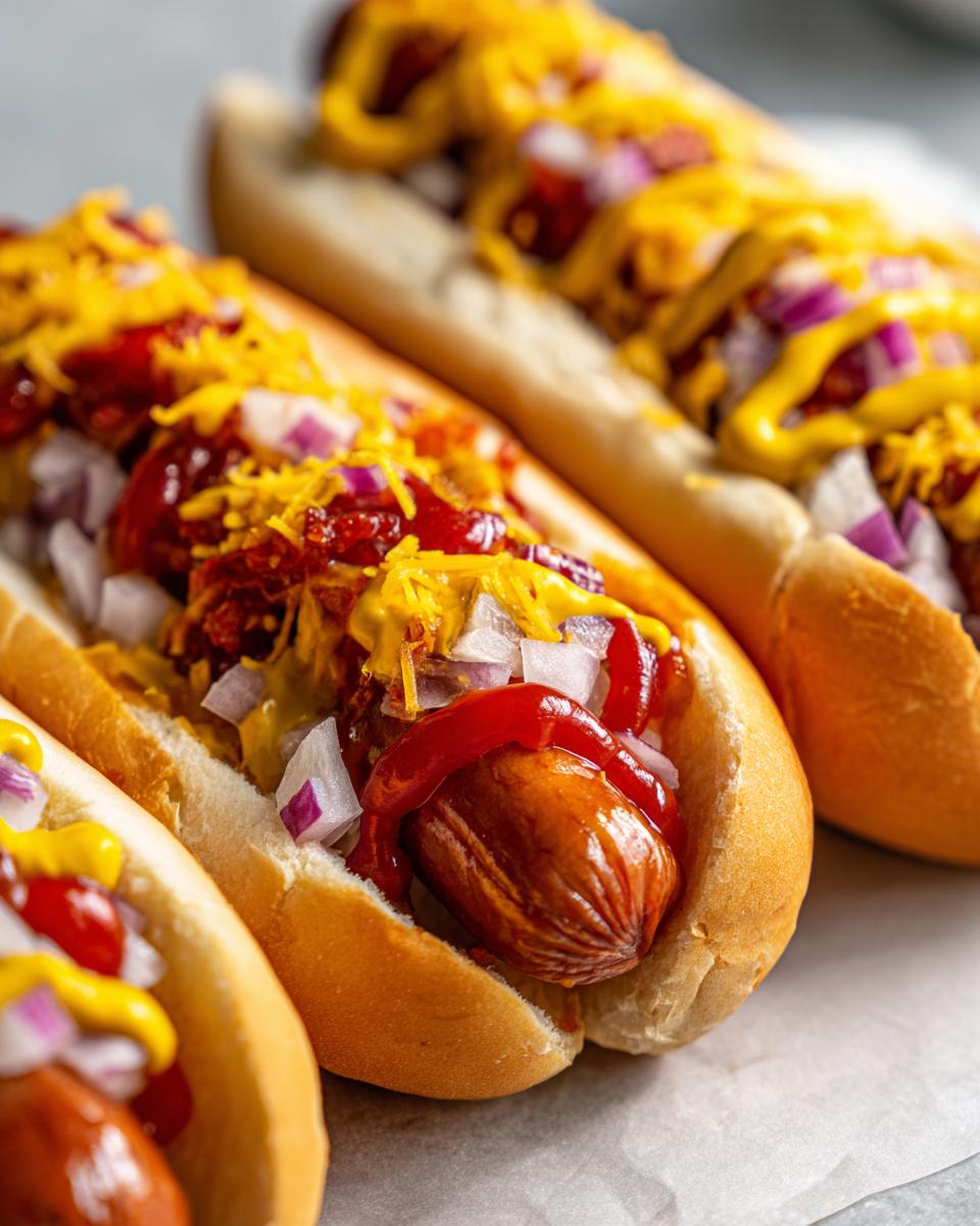 Close-up of classic American hot dogs with various toppings, including onions, cheese, and ketchup.