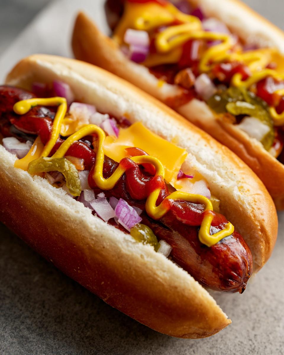 Close-up of two Classic American Hot Dogs with toppings, including mustard, ketchup, onions, and cheese.
