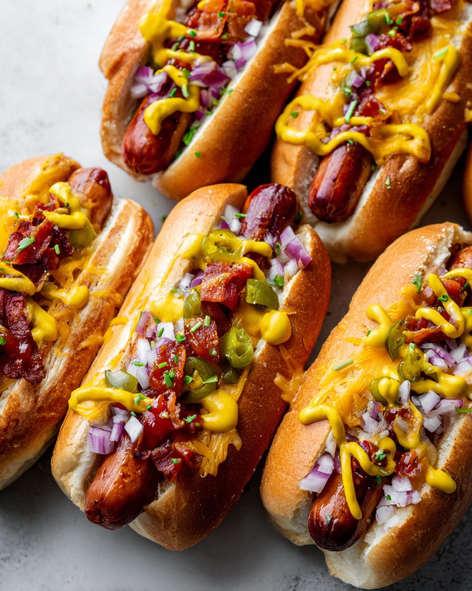 Close-up of several Classic American Hot Dogs with various toppings, including bacon, onions, and mustard.