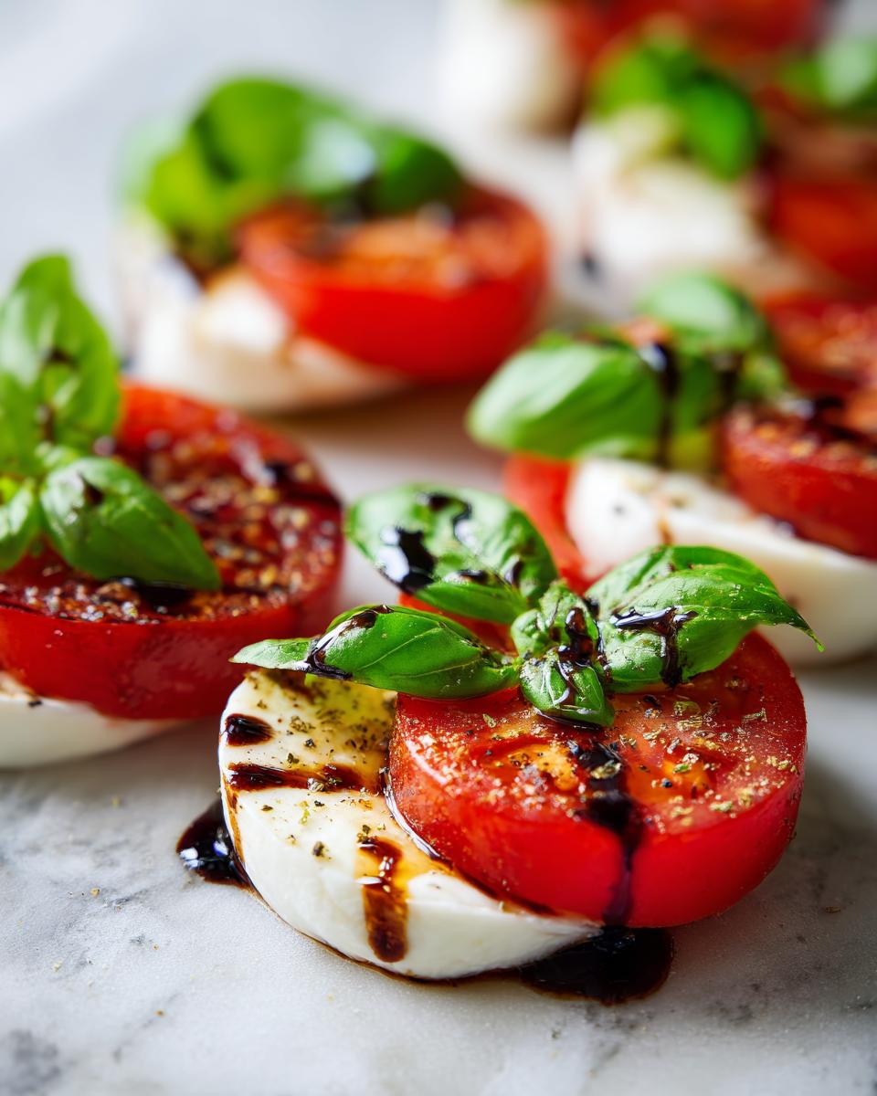 Close-up of Classic Caprese Salad with Aged Balsamic, featuring tomatoes, mozzarella, and basil.