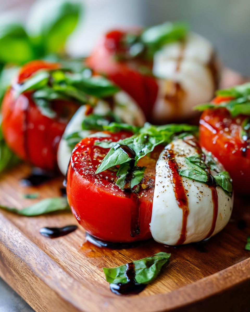 Close-up of a Classic Caprese Salad with Aged Balsamic, tomatoes, mozzarella, and basil on a wooden board.