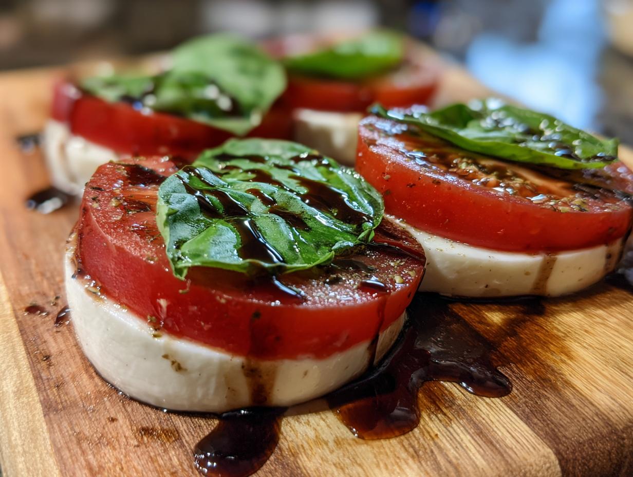 Close-up of Classic Caprese Salad with Aged Balsamic, featuring tomato, mozzarella, basil, and balsamic glaze.
