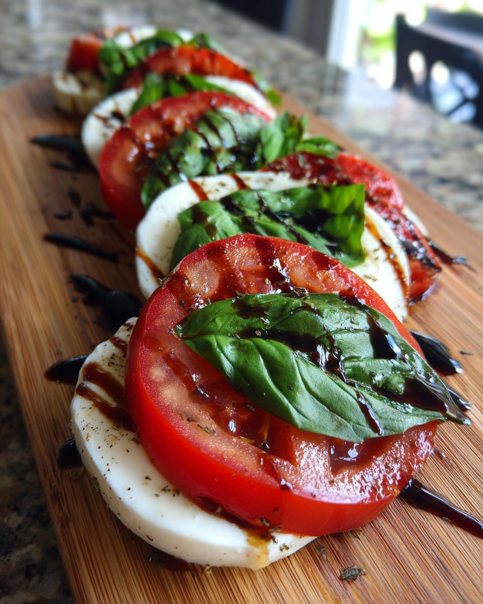 Close-up of Classic Caprese Salad with Aged Balsamic, tomatoes, mozzarella, and basil.