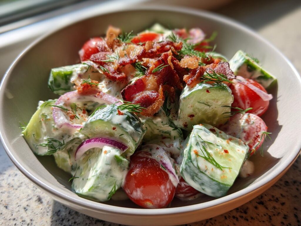Close-up of a Classic Cucumber Ranch Crack Salad with cucumbers, tomatoes, bacon, and ranch dressing.