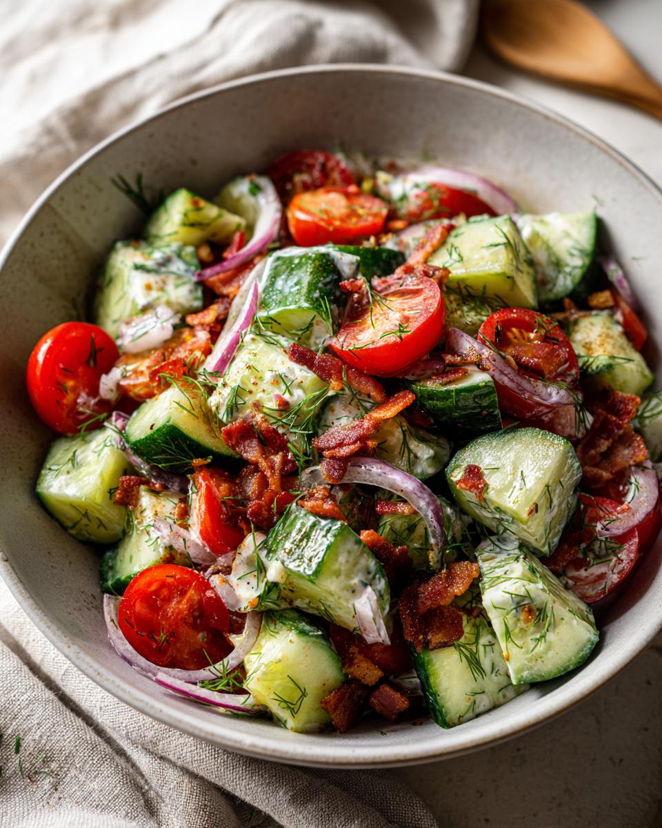 Close-up of a Classic Cucumber Ranch Crack Salad with cucumbers, tomatoes, bacon, and ranch dressing.