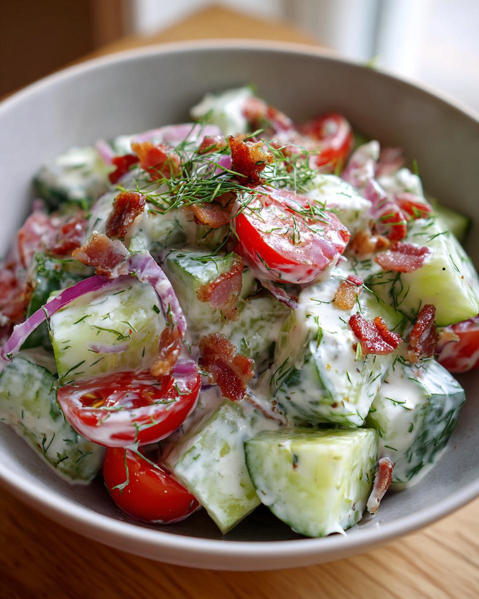 Close-up of a bowl of Classic Cucumber Ranch Crack Salad with cucumbers, tomatoes, bacon, and dill.