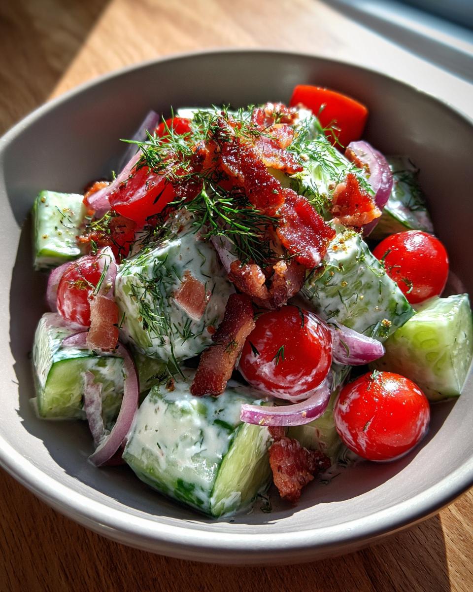 Close-up of a Classic Cucumber Ranch Crack Salad with cucumbers, tomatoes, bacon, and dill.