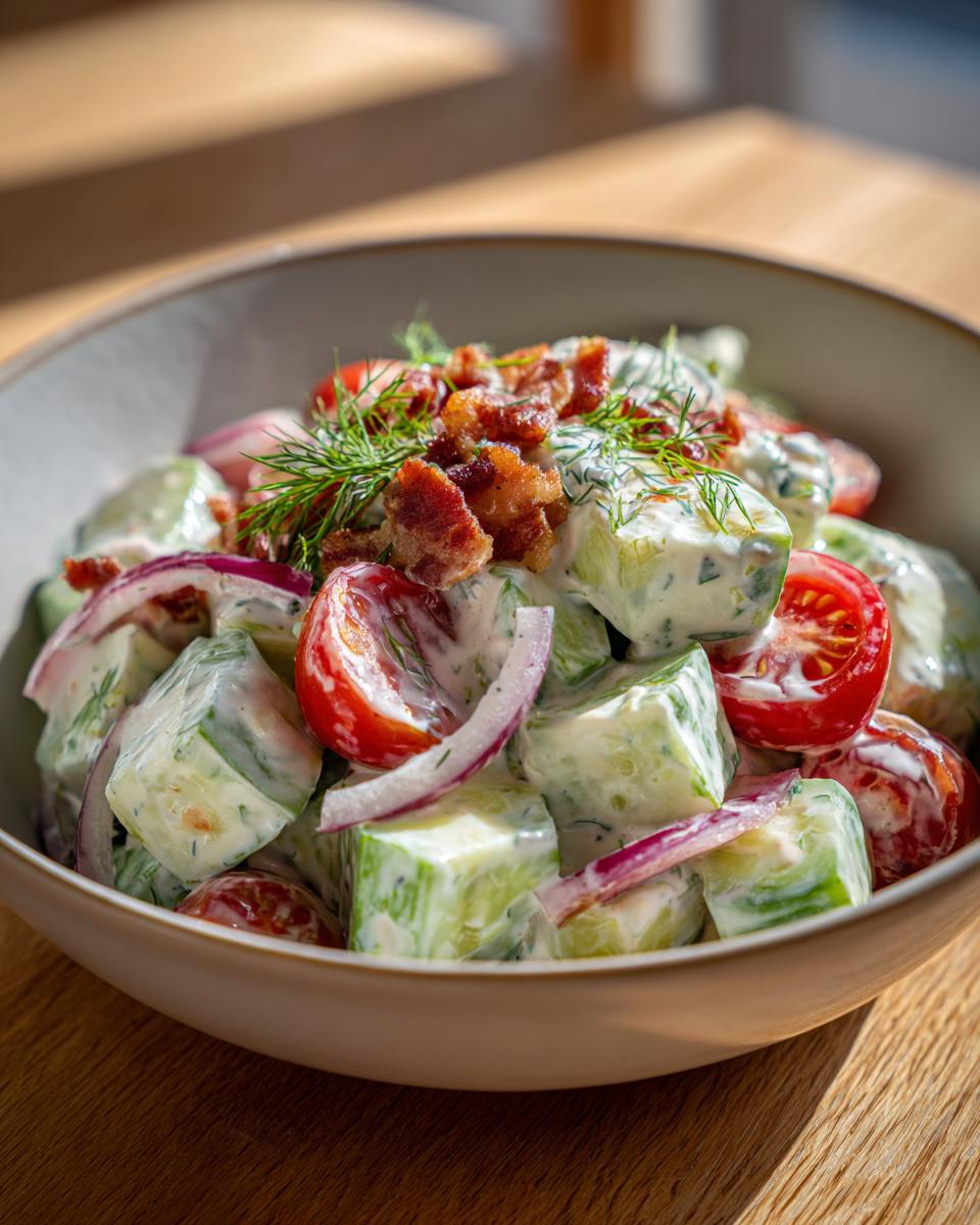 Close-up of a bowl filled with Classic Cucumber Ranch Crack Salad, including cucumbers, tomatoes, and bacon.