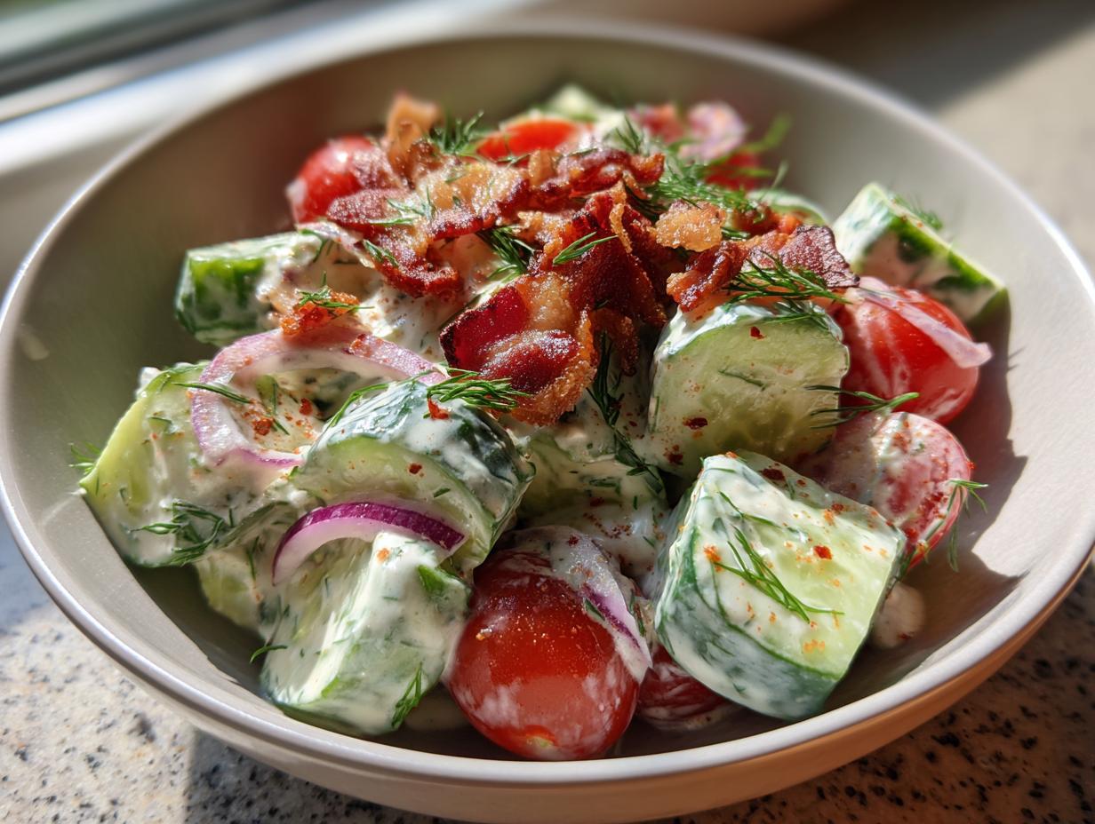 Close-up of a Classic Cucumber Ranch Crack Salad with cucumbers, tomatoes, bacon, and ranch dressing.