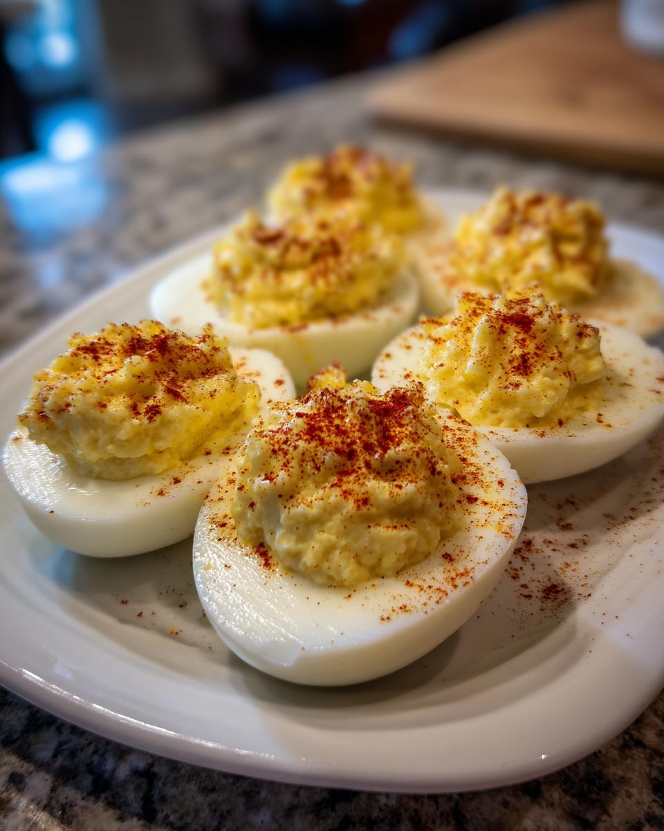 Close-up of creamy Classic Deviled Eggs on a white plate, garnished with paprika.