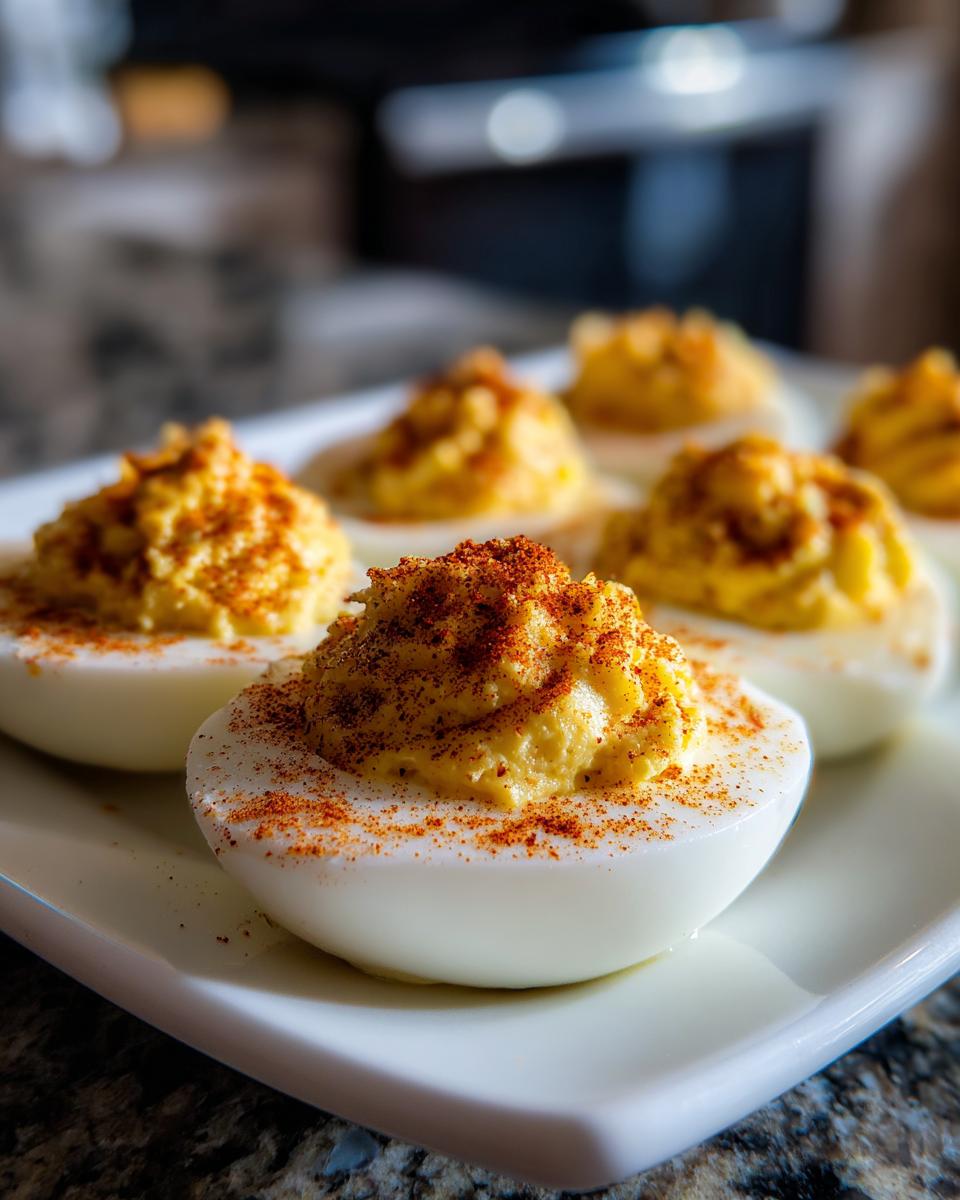 Close-up of classic deviled eggs on a white plate, sprinkled with paprika. Perfect Classic Deviled Eggs recipe.
