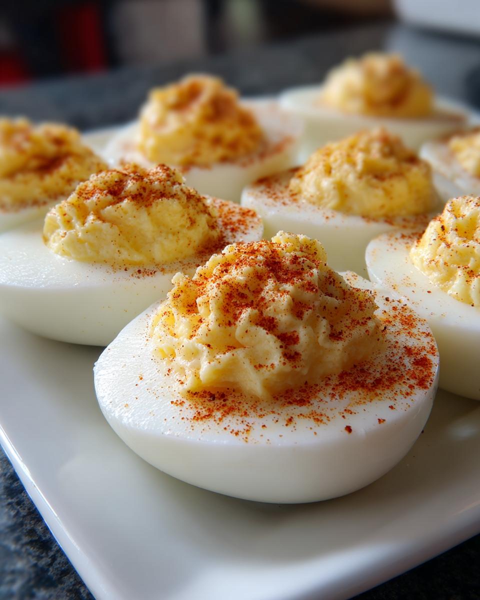 Close-up of Classic Deviled Eggs, garnished with paprika, on a white plate.