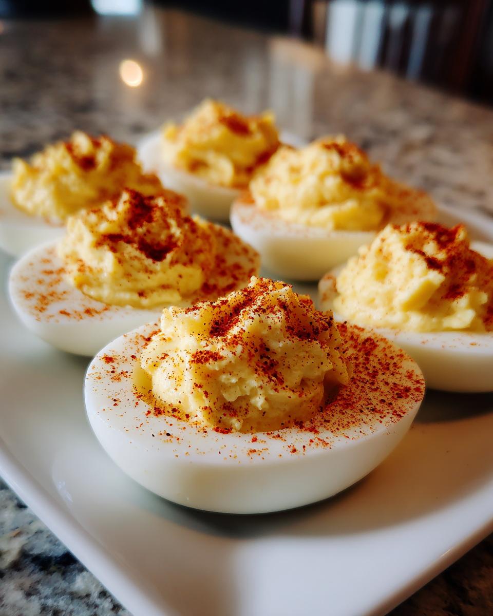 Close-up of classic deviled eggs, garnished with paprika, on a white serving plate. The perfect Classic Deviled Eggs.