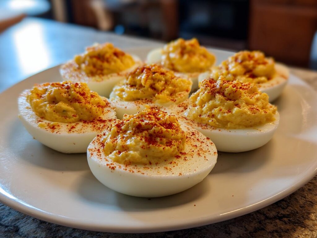 A plate of Classic Deviled Eggs, garnished with paprika, ready to be enjoyed.