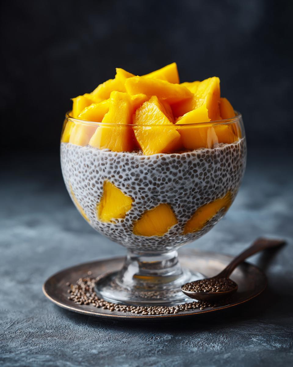 Close-up of Coconut Chia Pudding with Mango, a healthy breakfast or dessert.