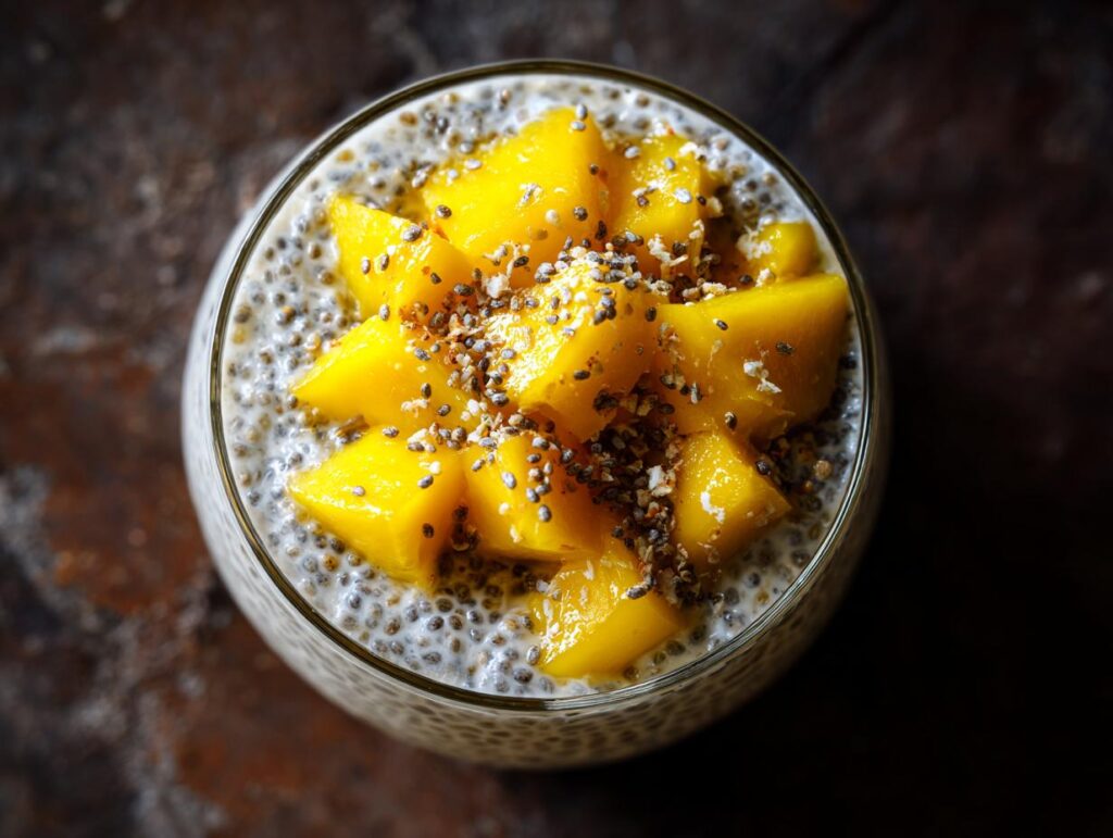 Close-up of Coconut Chia Pudding with Mango, a healthy breakfast or dessert.