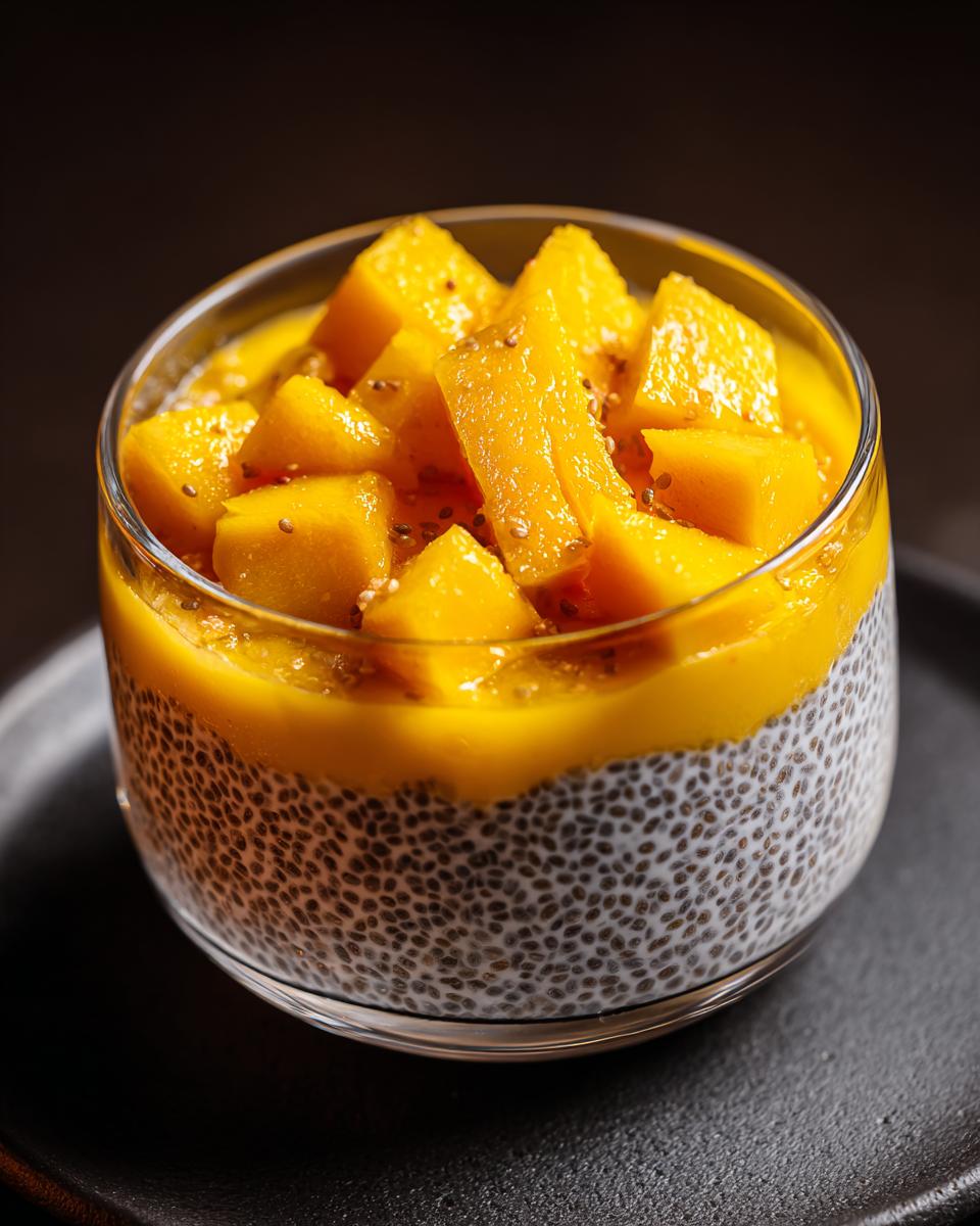 Close-up of Coconut Chia Pudding with Mango, a healthy breakfast.