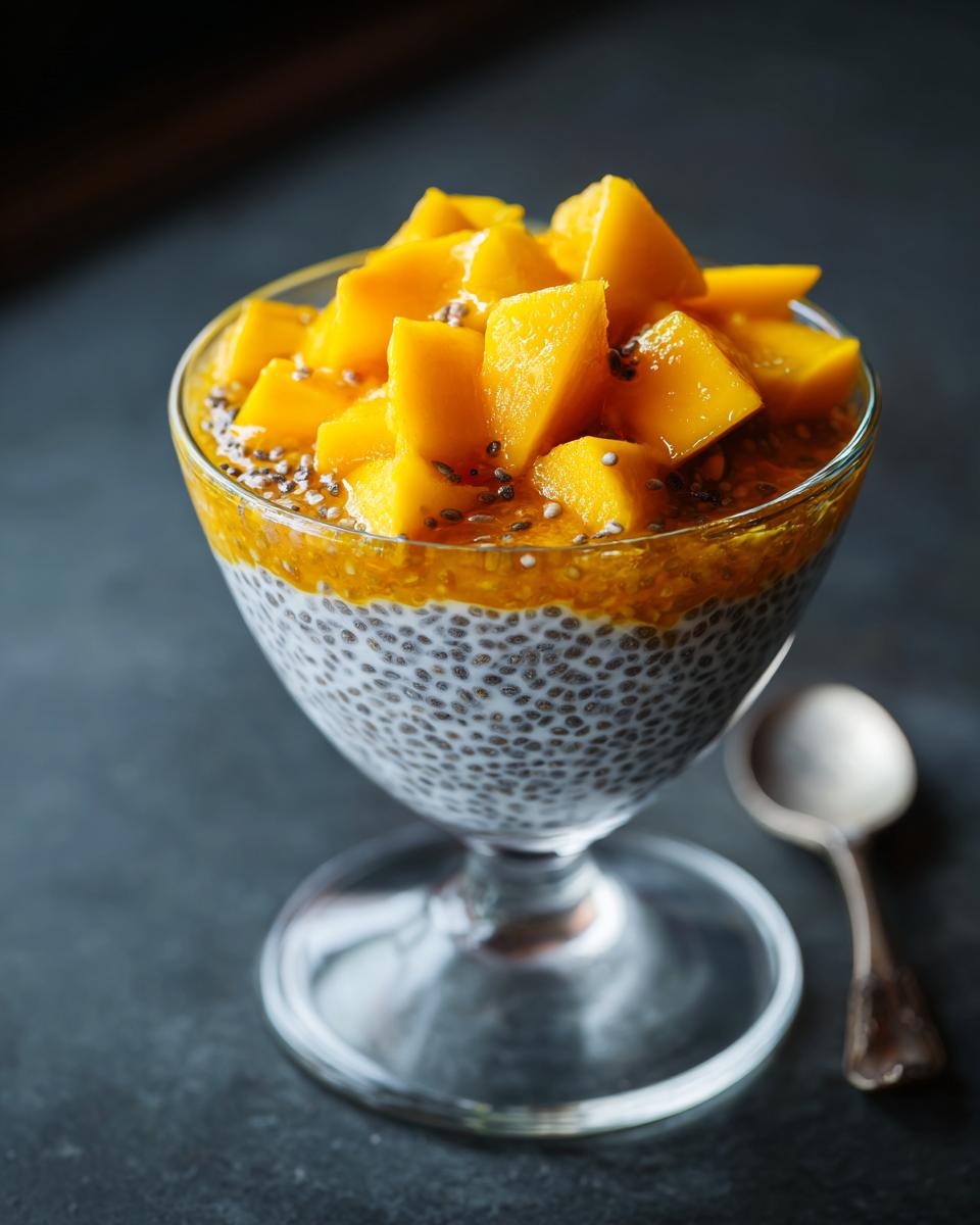 Close-up of Coconut Chia Pudding with Mango, a healthy and delicious breakfast.