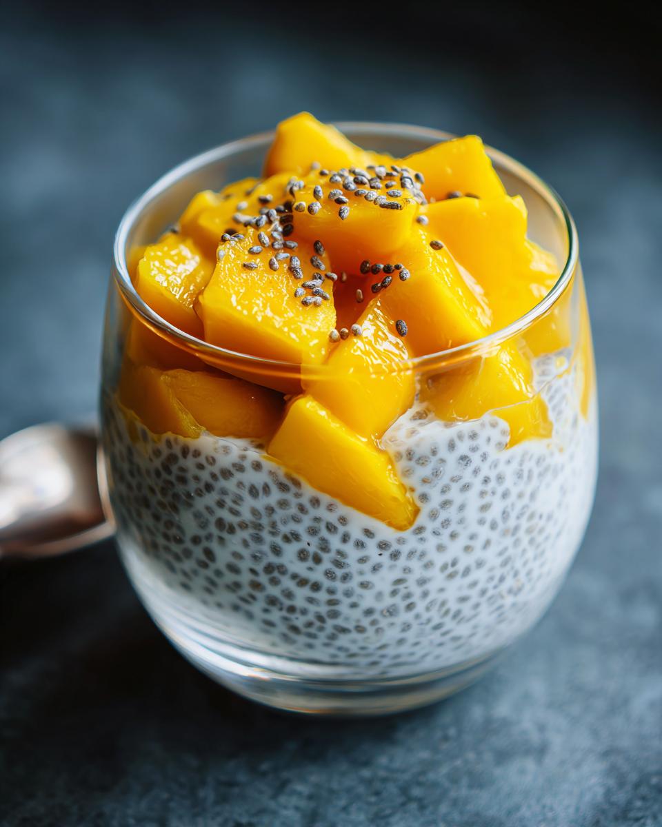 Close-up of Coconut Chia Pudding with Mango, topped with chia seeds, in a glass.