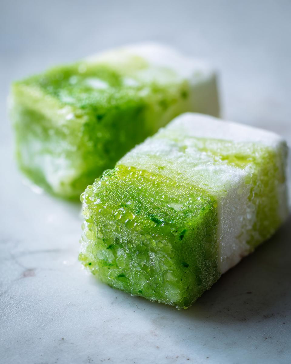 Close-up of two square Coconut Lime Popsicles with a vibrant green color.