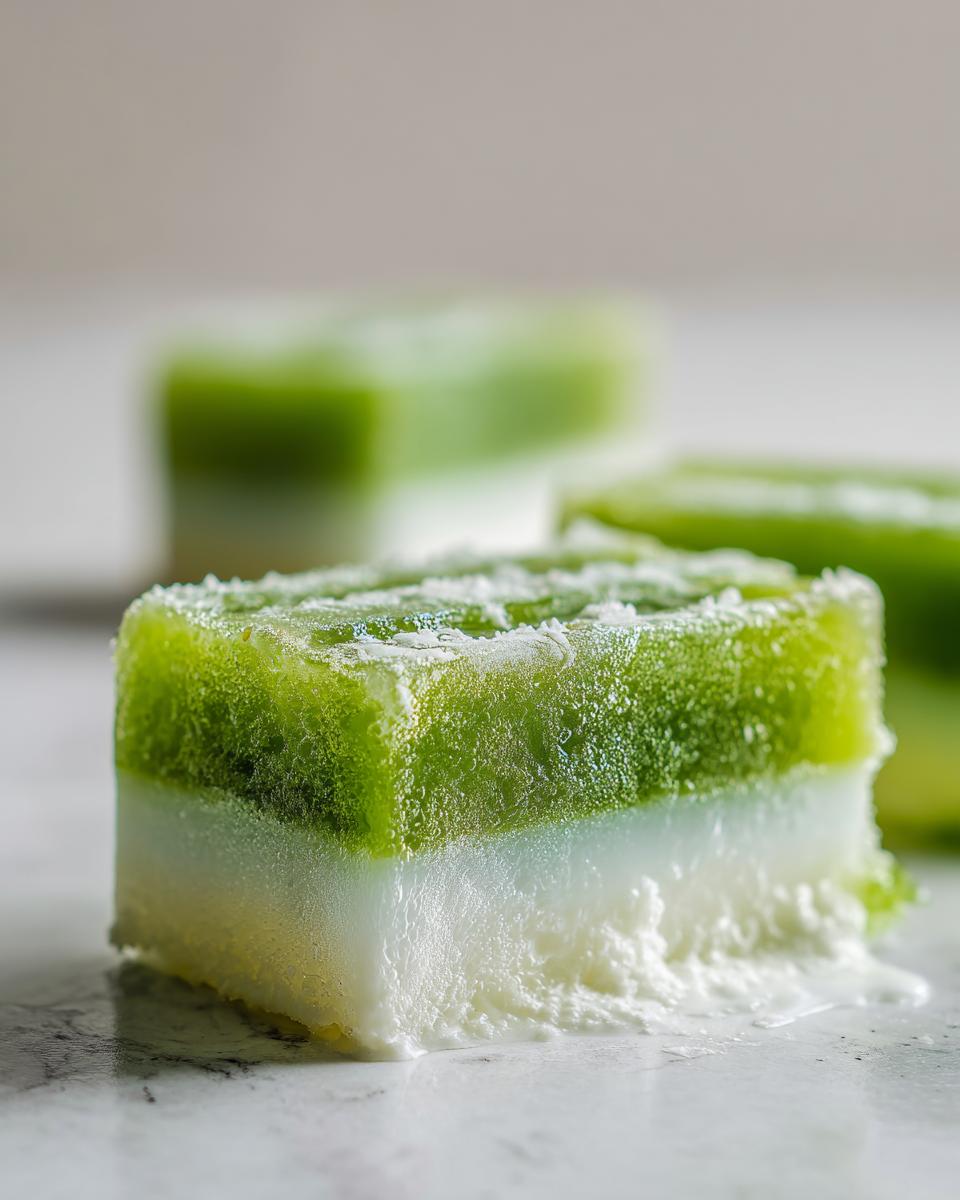 Close-up of a layered Coconut Lime Popsicle, showing the green and white layers, perfect for a refreshing treat.