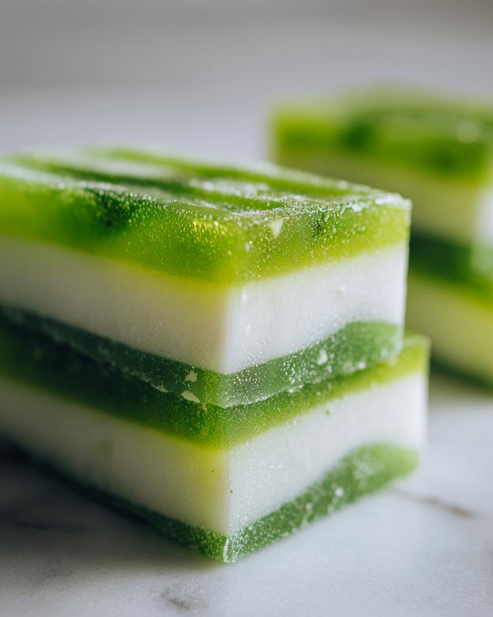 Close-up of layered Coconut Lime Popsicles, showing green and white layers.