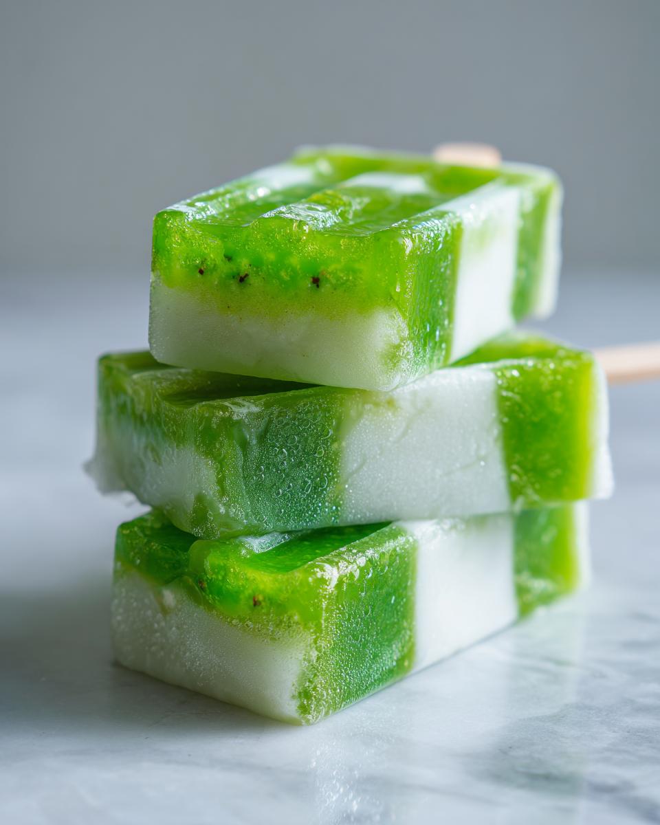 Close-up of stacked Coconut Lime Popsicles, showing layers of green and white.