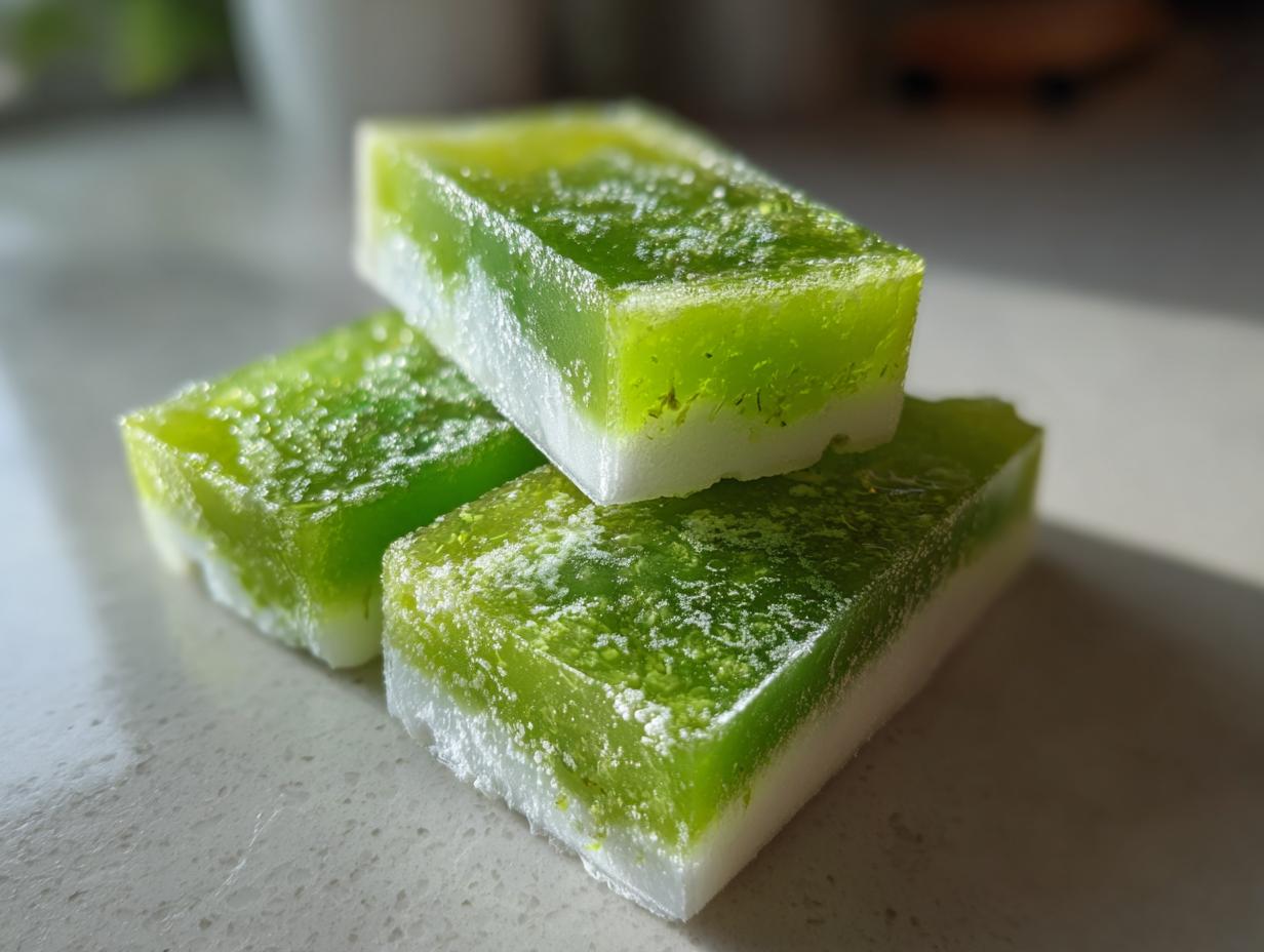 Close-up of stacked Coconut Lime Popsicles, showing layers of coconut and lime.