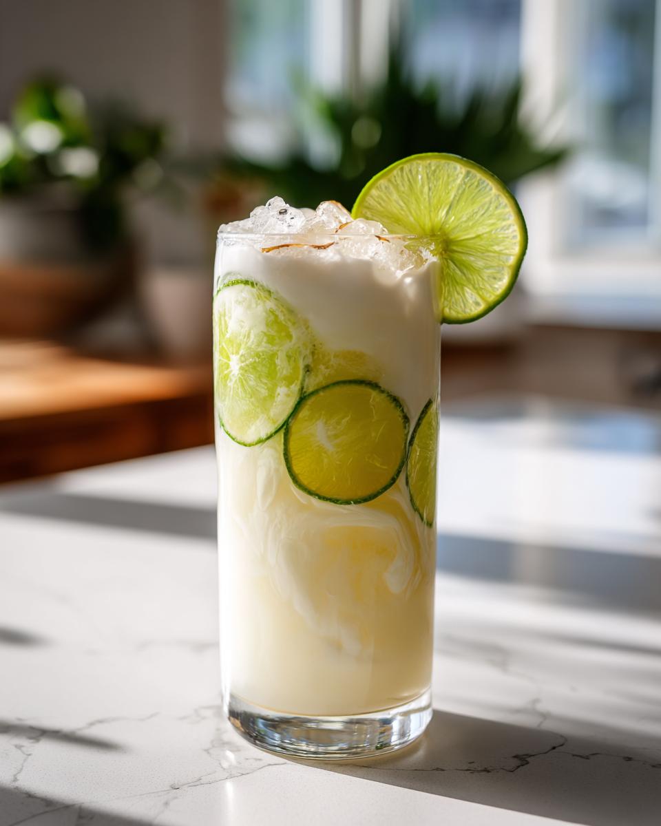 A tall glass of Coconut Lime Refresher with lime slices and ice.