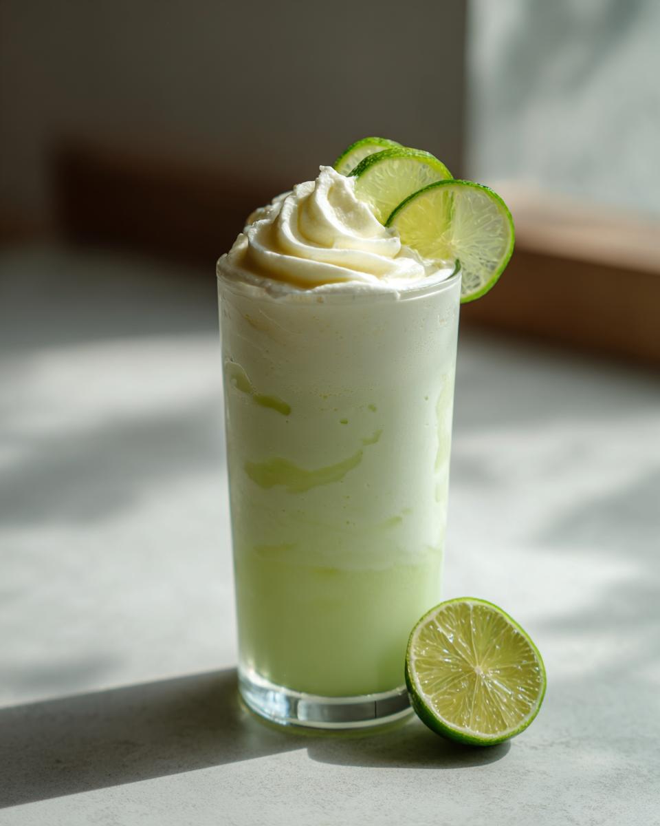 A tall glass of a creamy Coconut Lime Refresher, garnished with whipped cream and lime slices.