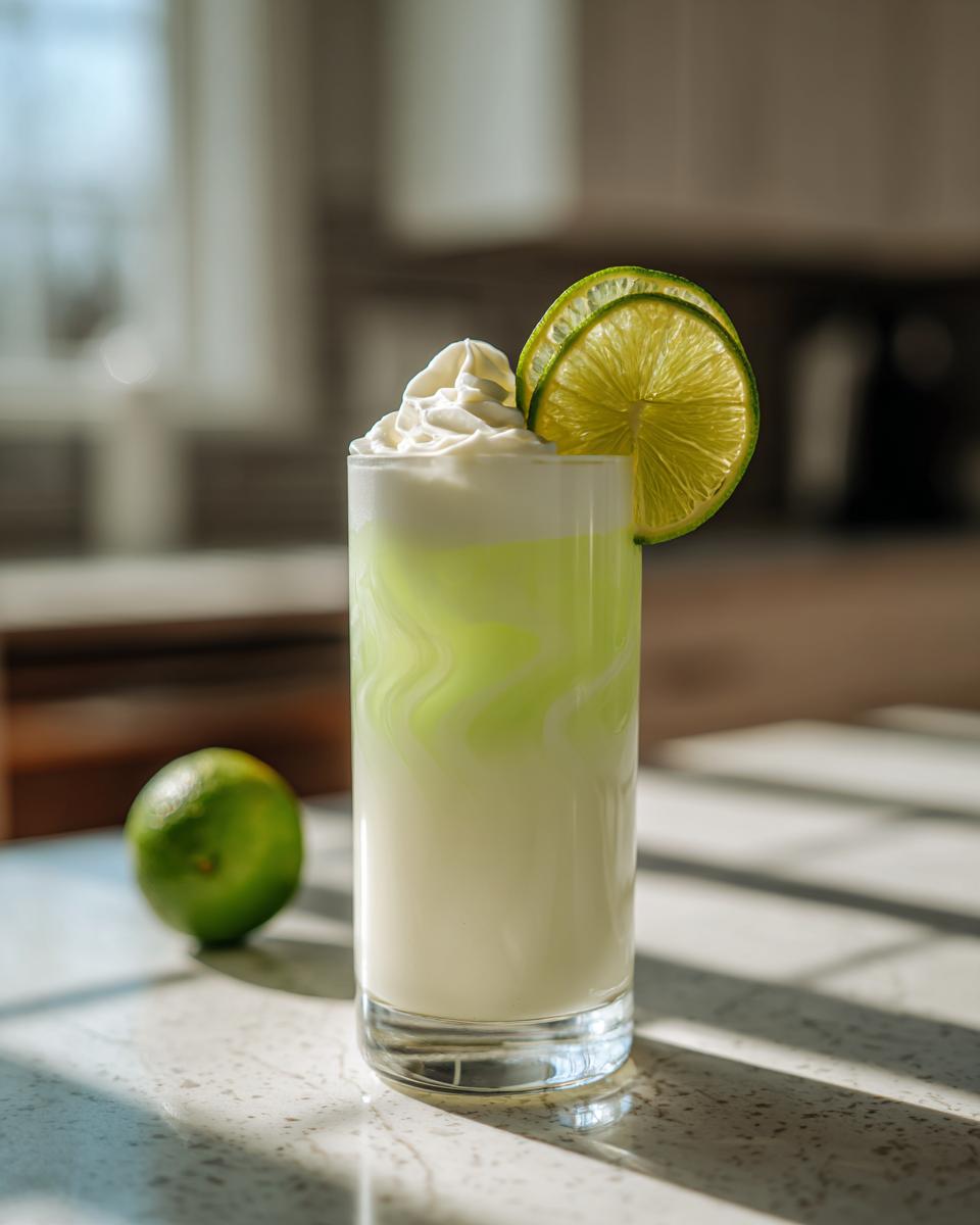 A tall glass of a Coconut Lime Refresher, garnished with lime slices and whipped cream.