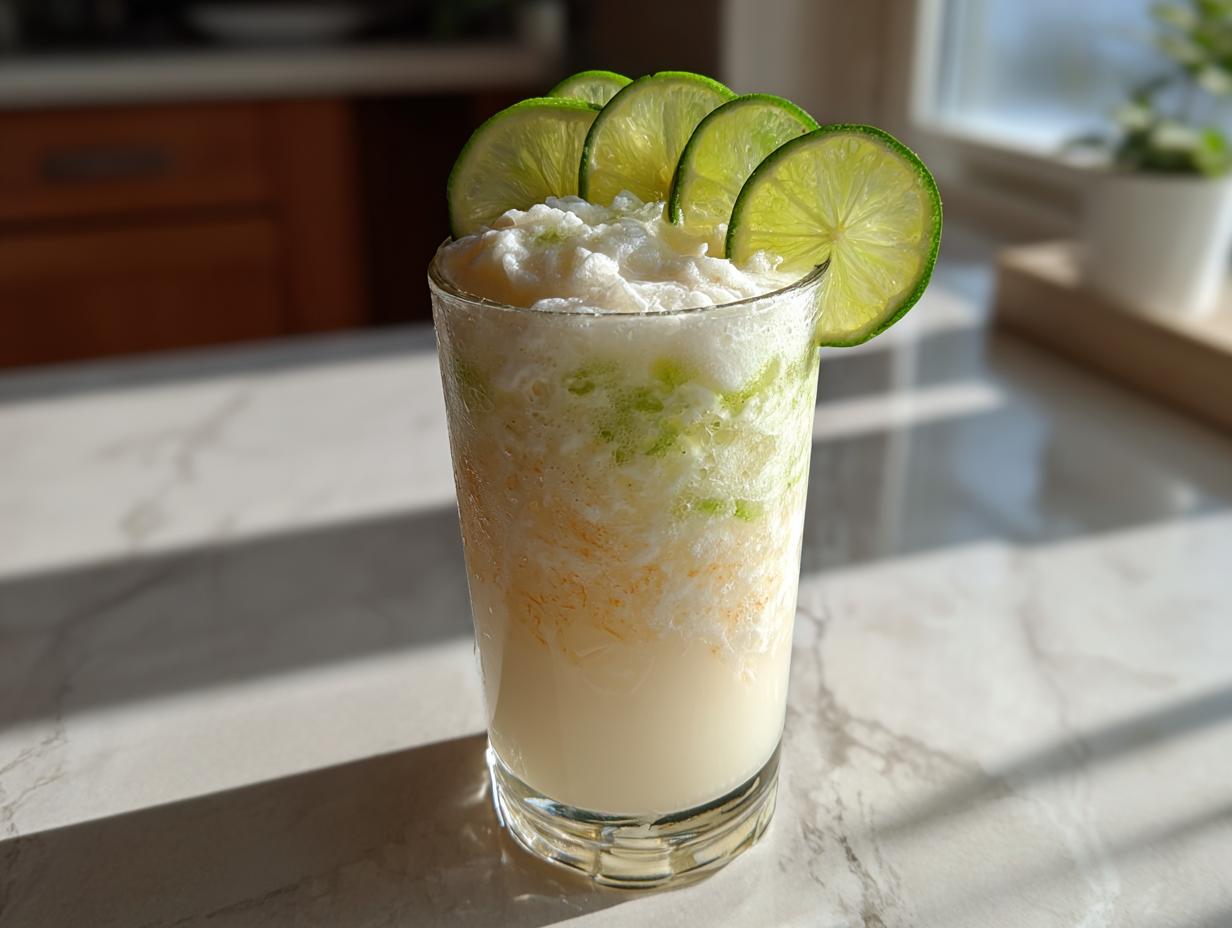 A tall glass of Coconut Lime Refresher, garnished with lime slices, on a marble surface.