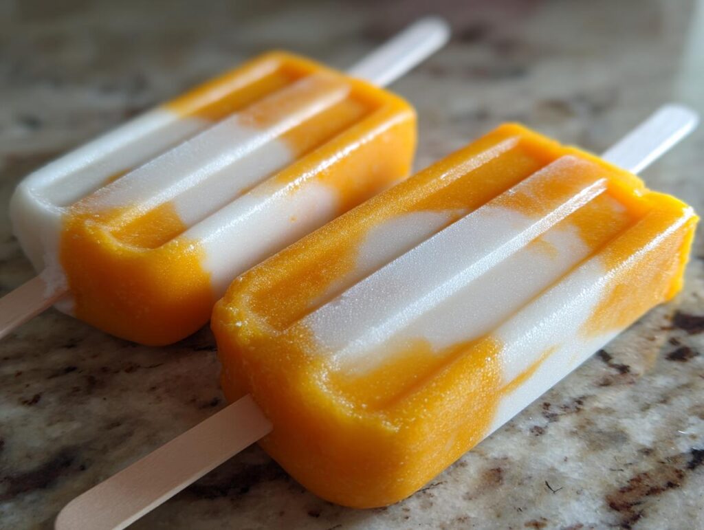 Two homemade Coconut Mango Popsicles on a countertop, showing layers of mango and coconut.