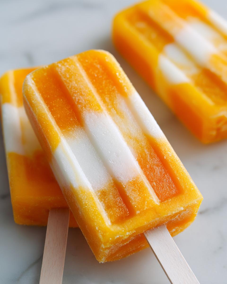 Close-up of refreshing Coconut Mango Popsicles on a white surface.
