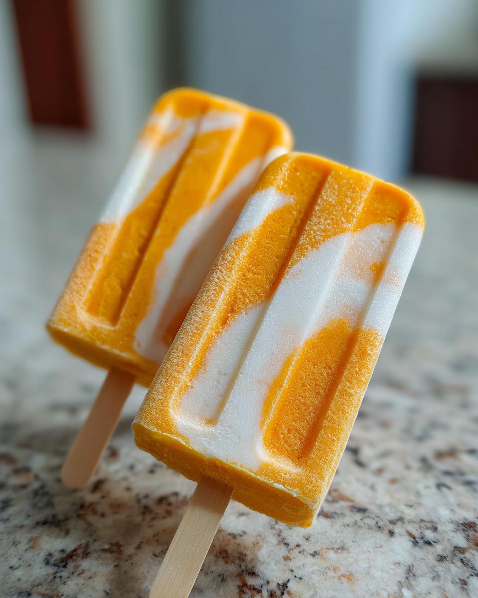 Two homemade Coconut Mango Popsicles with a swirl of mango and coconut cream on a stick.