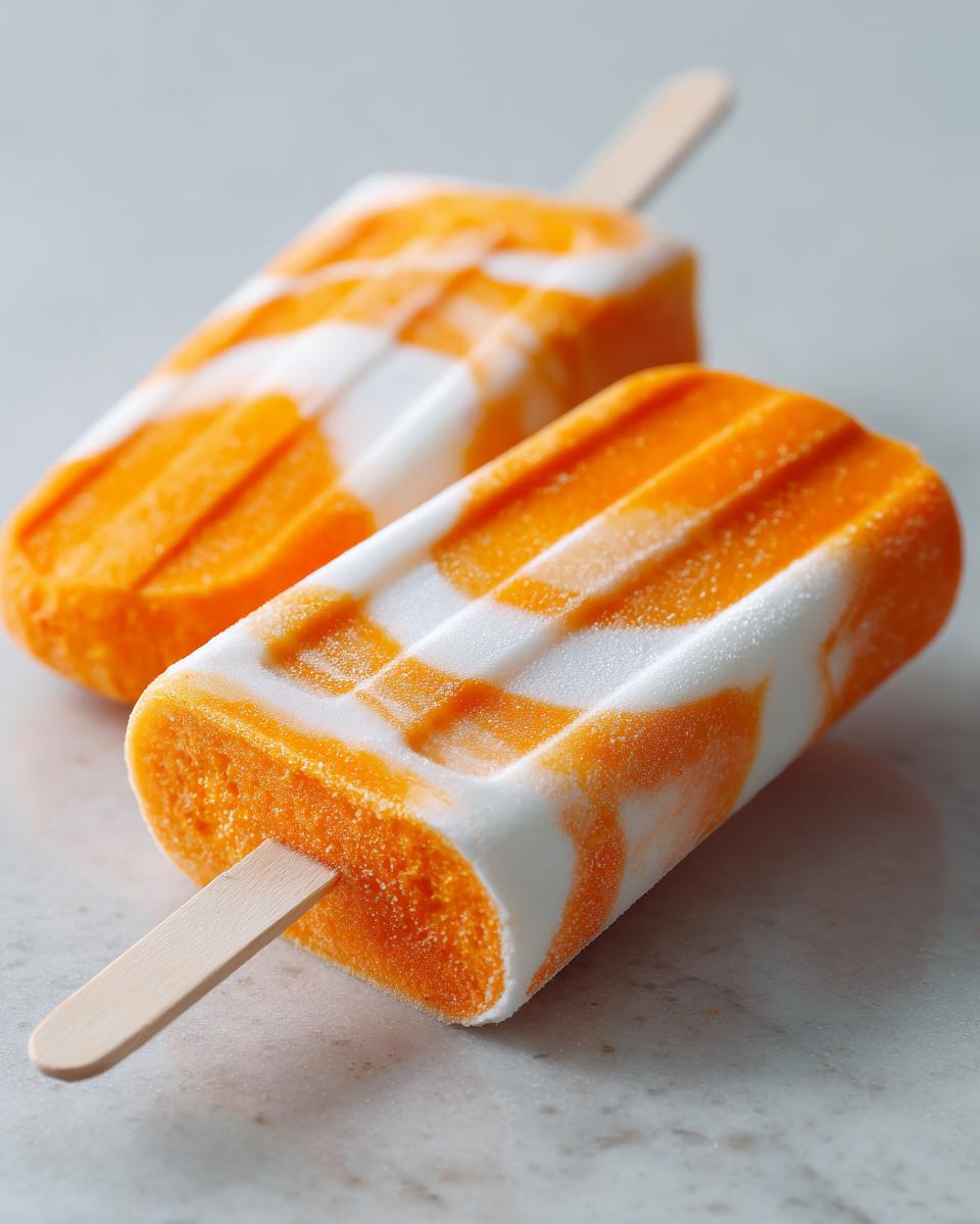 Close-up of two swirled Coconut Mango Popsicles on a light surface.