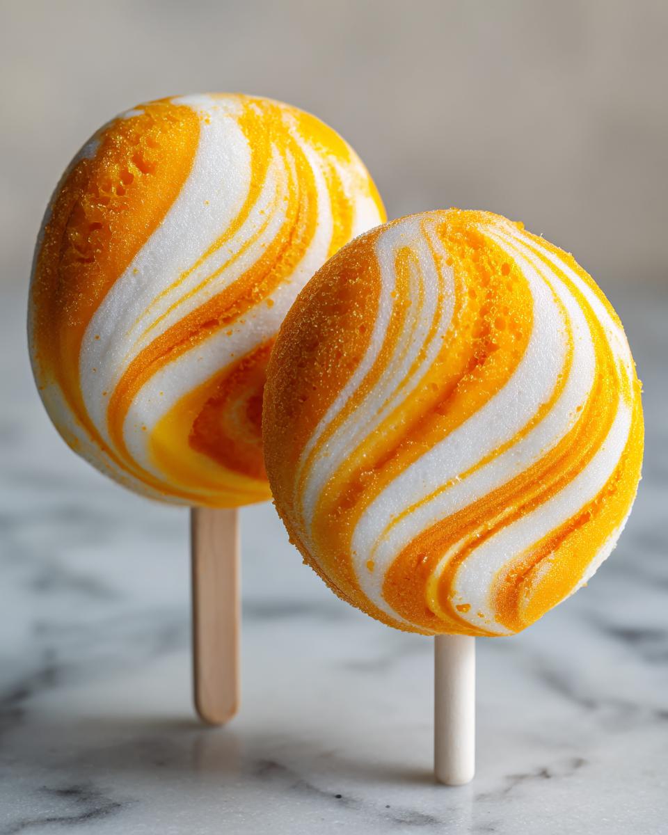 Close-up of two swirled Coconut Mango Popsicles on sticks, showing the vibrant orange and white colors.
