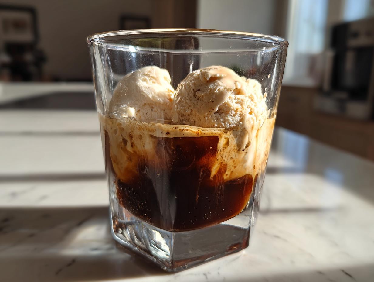 Close-up of a Cold Brew Affogato with vanilla ice cream in a glass.