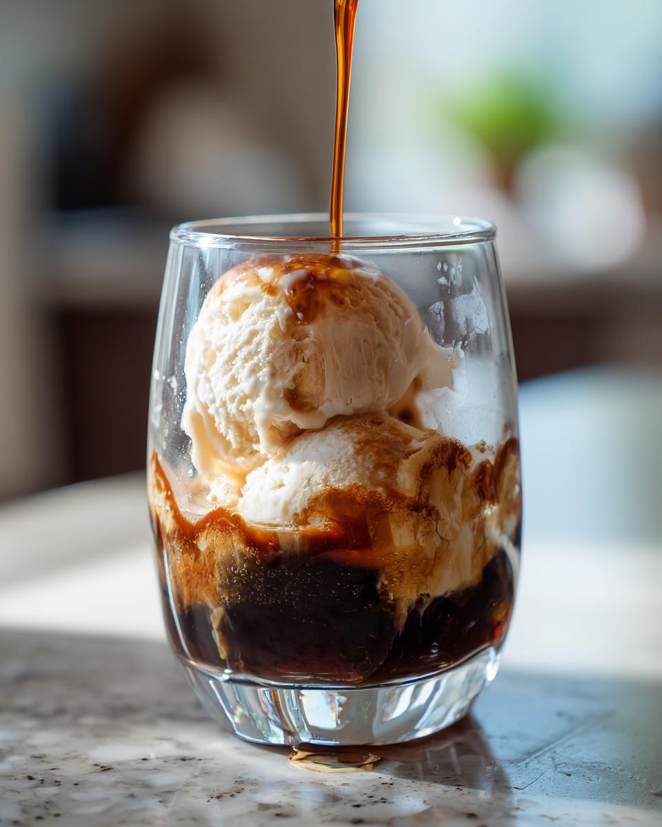 Cold brew being poured over vanilla ice cream in a glass, creating a delicious Cold Brew Affogato.