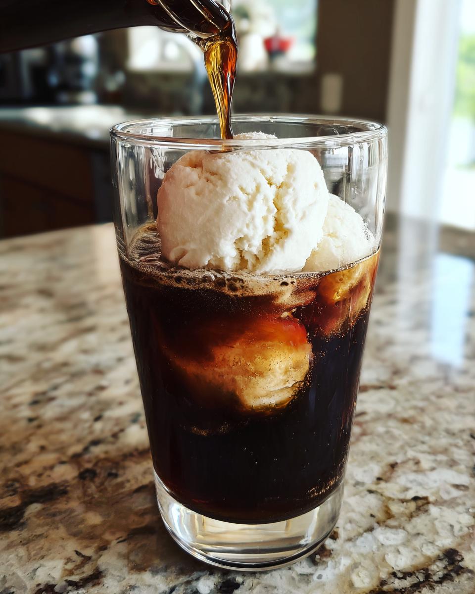 Close-up of a Cold Brew Affogato with ice cream, as cold brew is poured over the top.