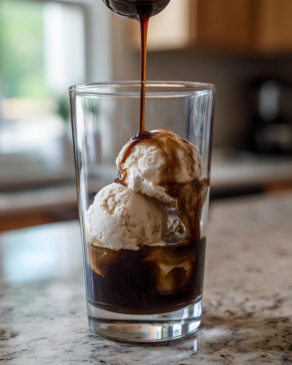 Close-up of cold brew being poured over vanilla ice cream in a glass, creating a delicious Cold Brew Affogato.