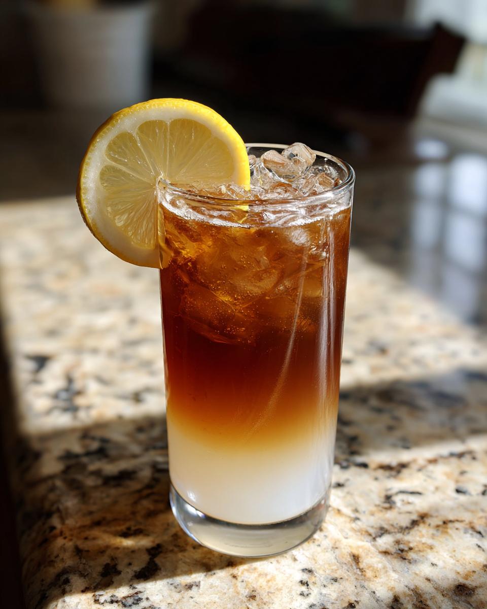 Tall glass of Cold Brew Lemonade with ice and a lemon slice garnish. The perfect summer drink.