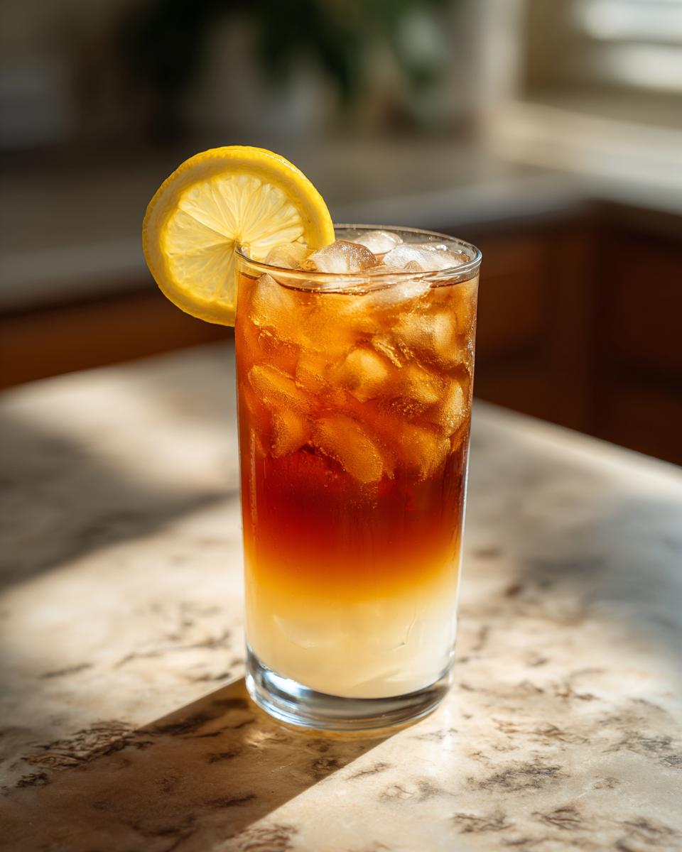Tall glass of Cold Brew Lemonade with ice and a lemon slice garnish. Perfect for a hot day!