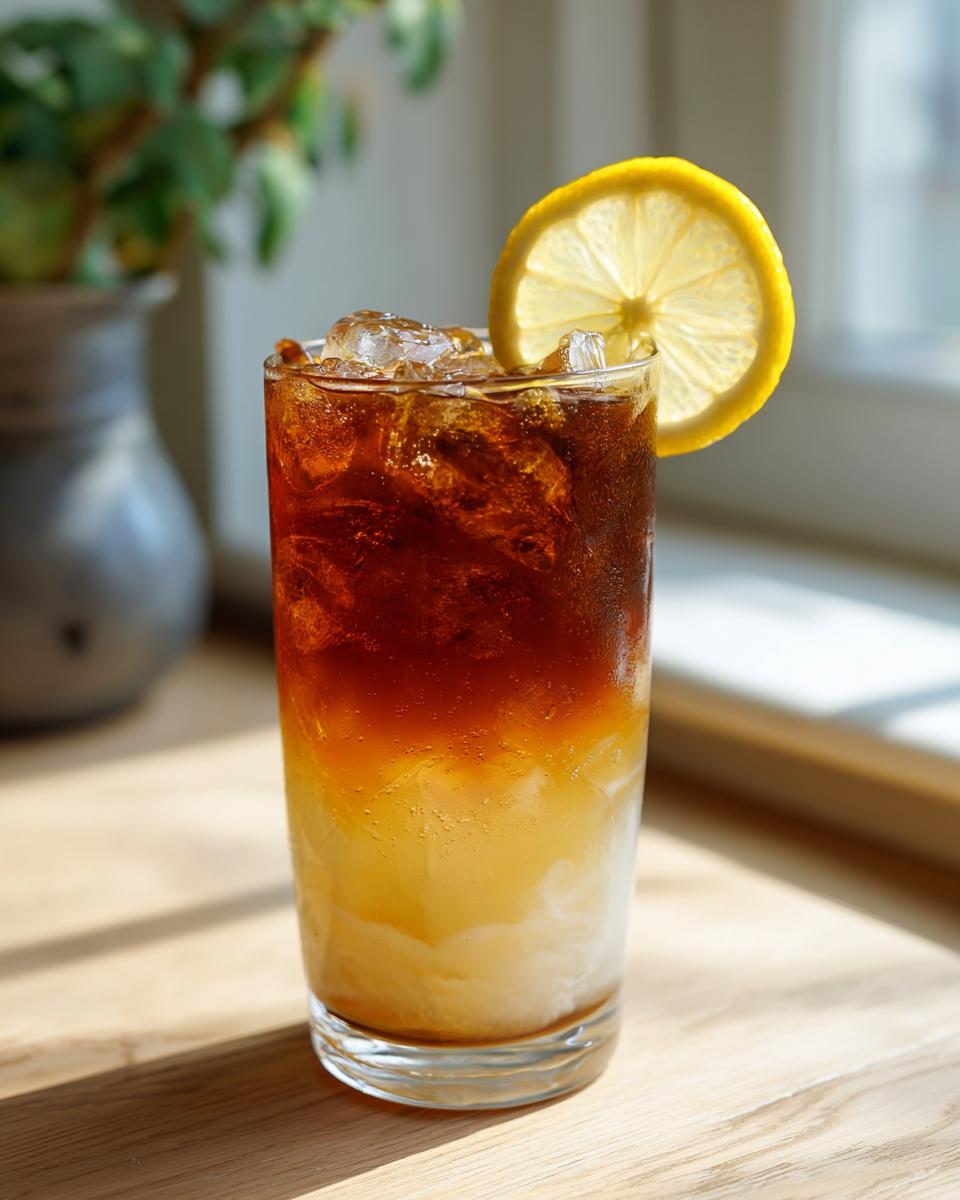 A tall glass of Cold Brew Lemonade with ice and a lemon slice garnish.