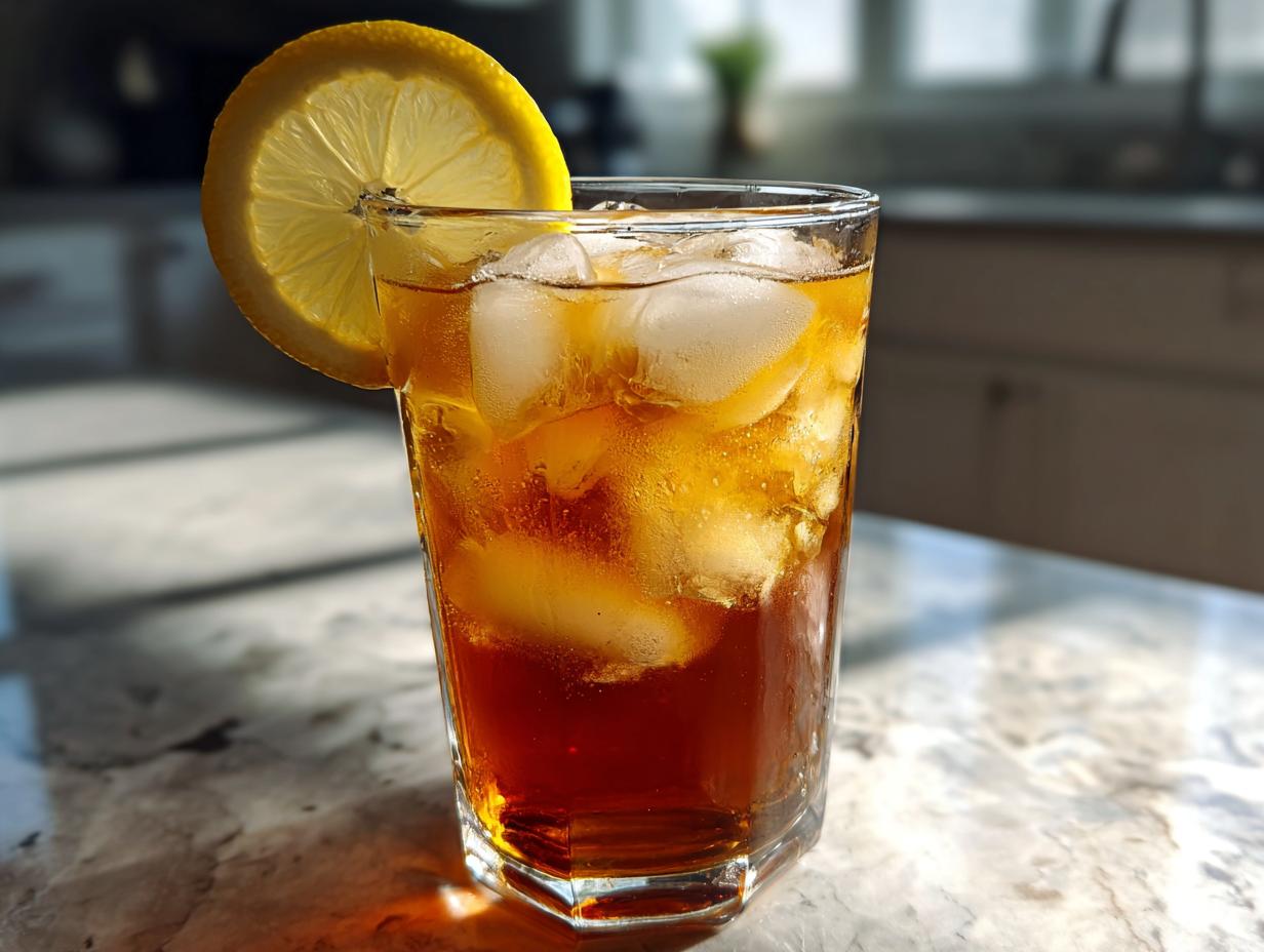 Glass of Cold Brew Lemonade with ice and a lemon slice, perfect for a refreshing drink.