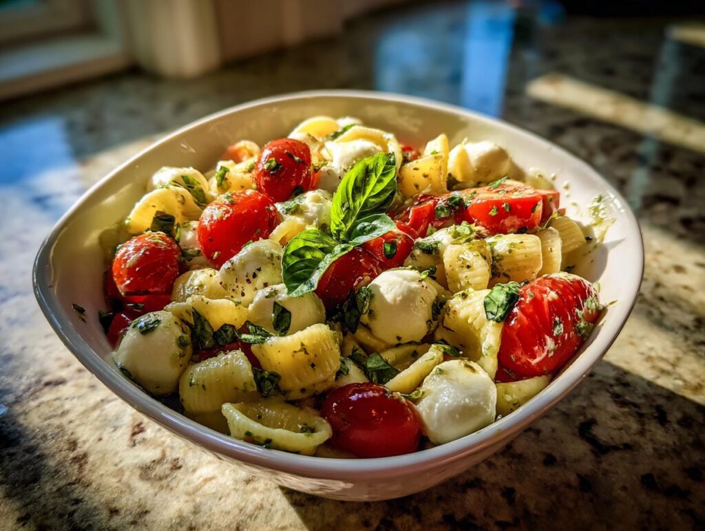 A bowl of Creamy Caprese Pasta Salad with tomatoes, mozzarella, and basil.