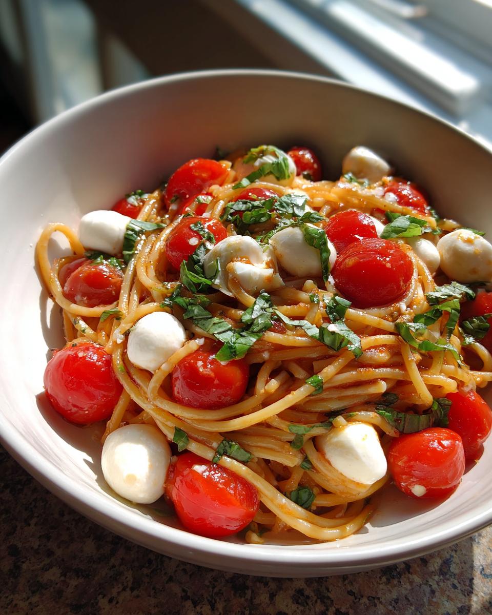 Close-up of Creamy Caprese Pasta Salad with tomatoes, mozzarella, and basil.